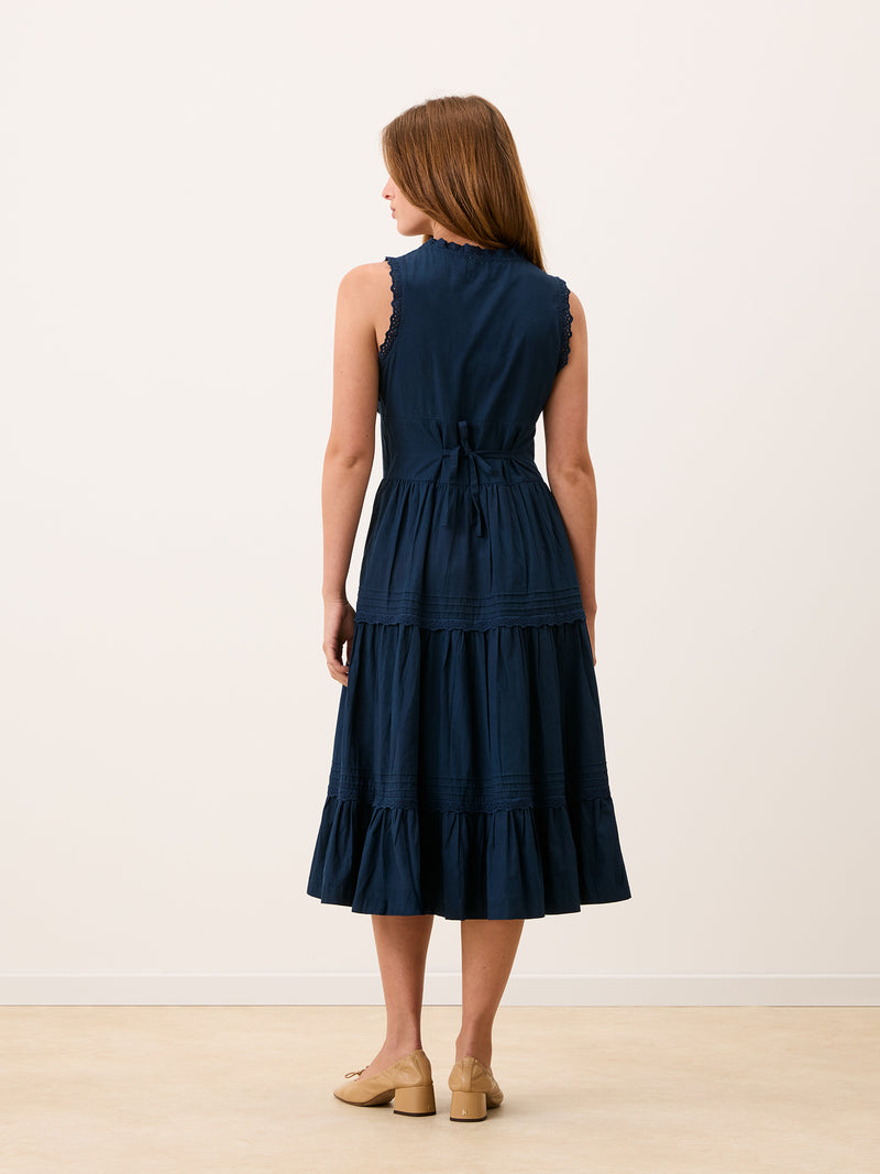 ROSELENE indigo blue corset midi dress, back view by Rouje