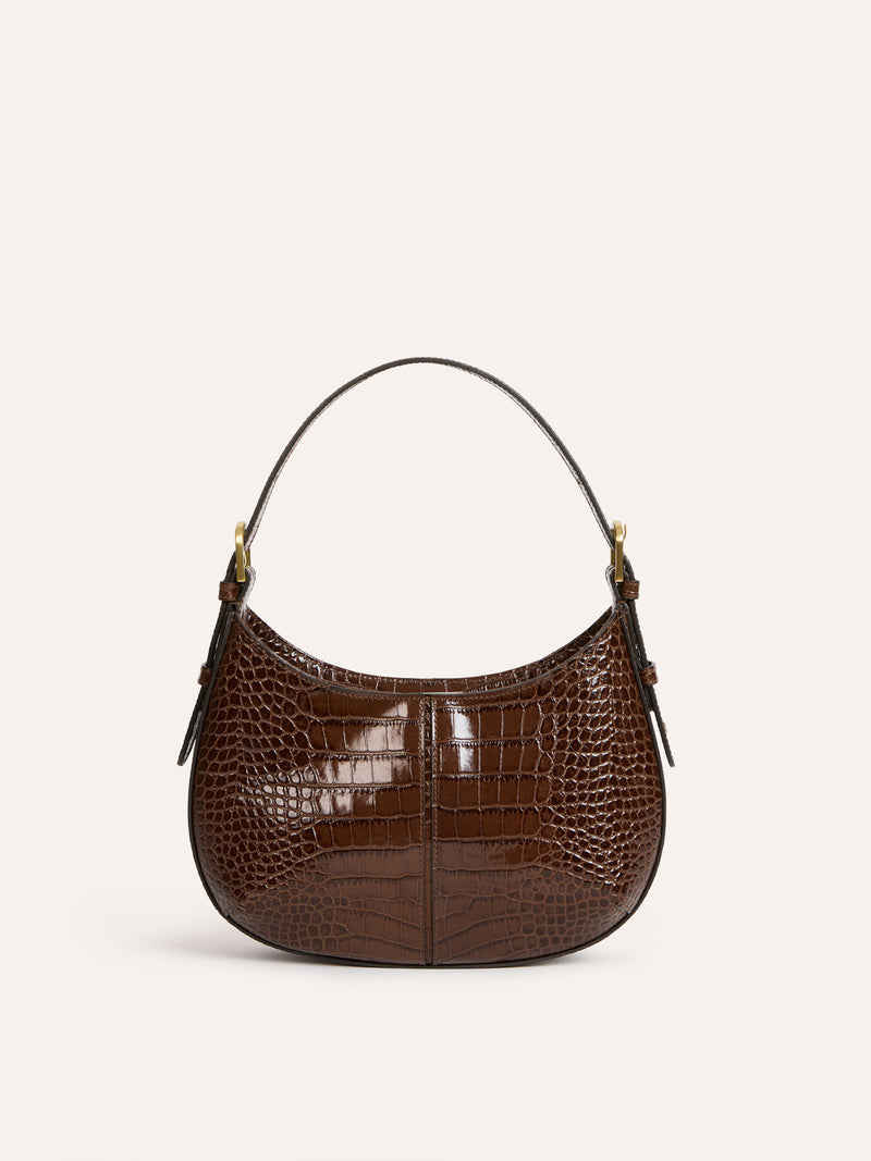 BABY BIG chocolate croc-effect leather small bag, front view by Rouje