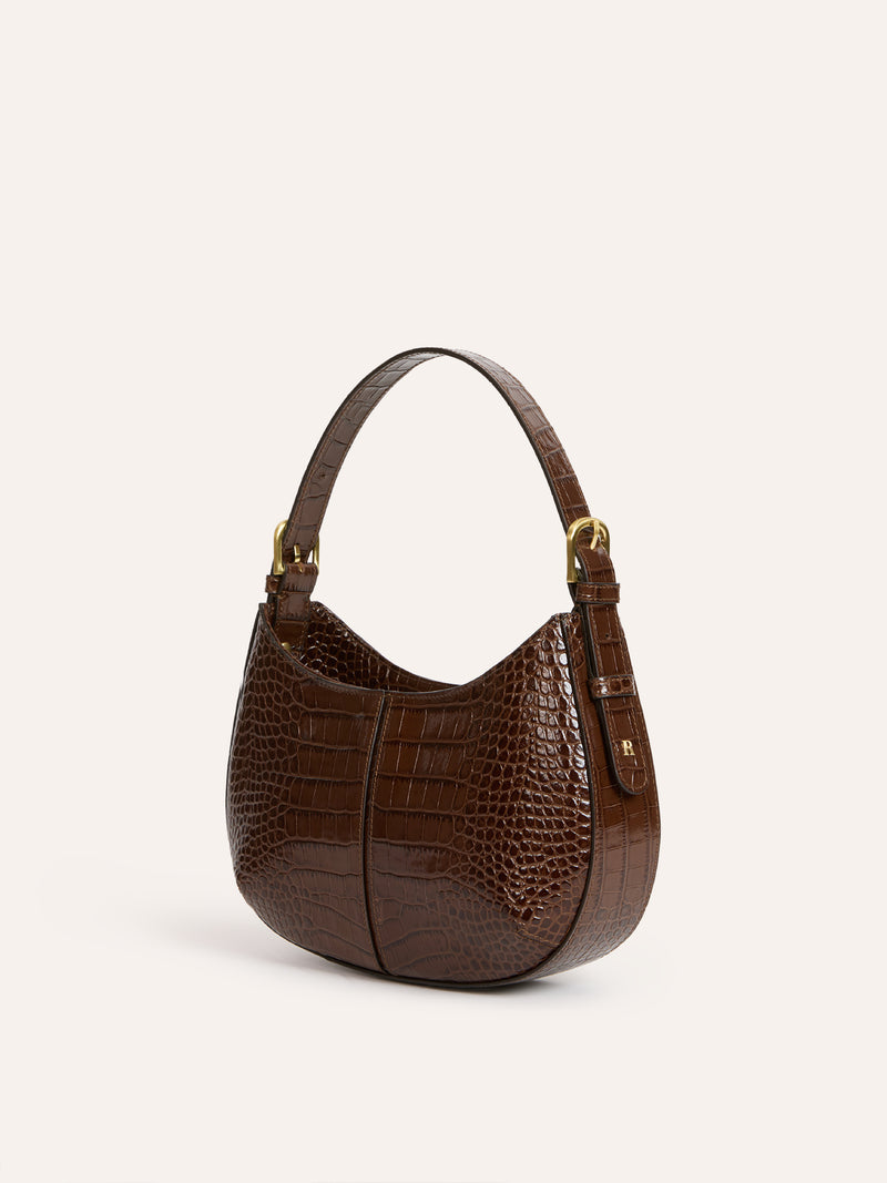 BABY BIG chocolate croc-effect small bag, side view by Rouje