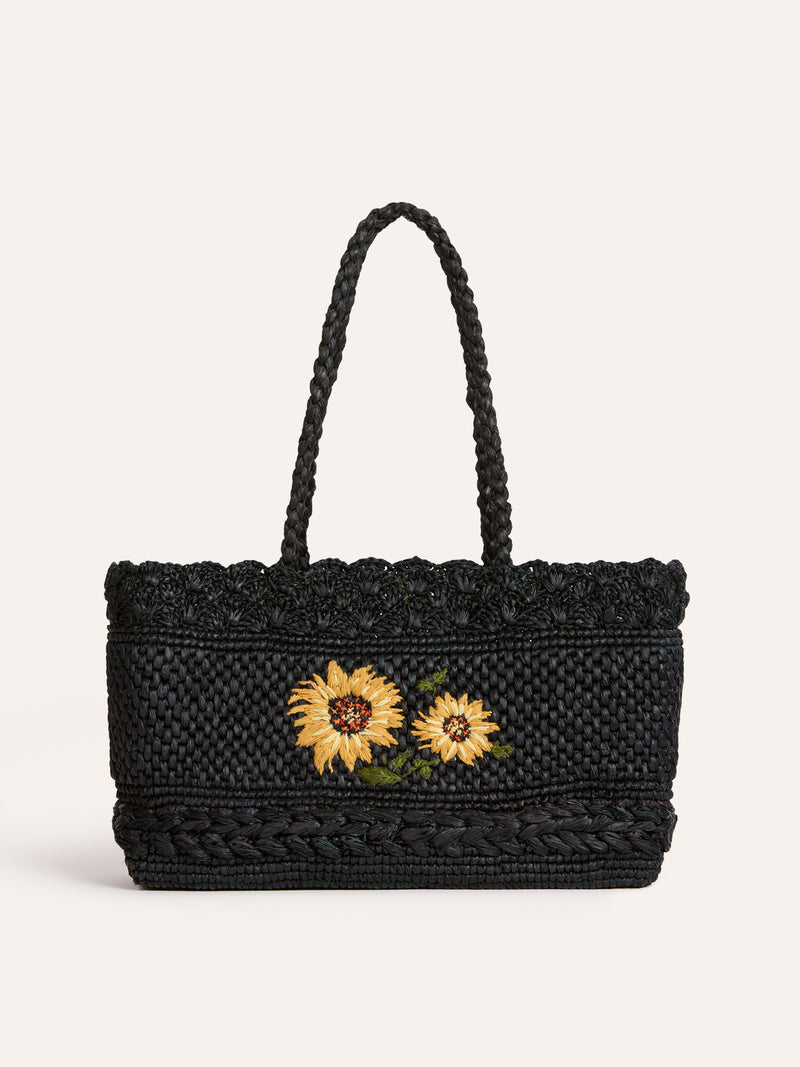 SQUARE black raffia basket bag, detail of sunflower embroidery by Rouje