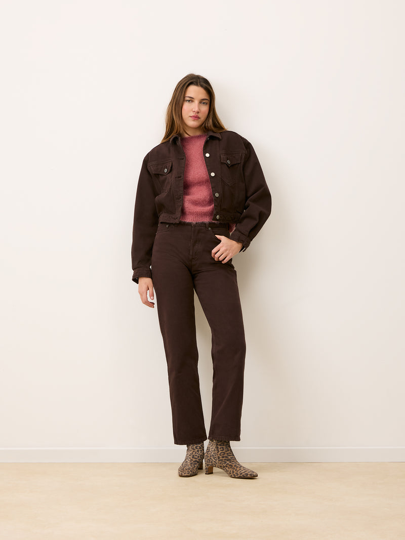 SAMIR chocolate boxy jacket worn on a model by Rouje