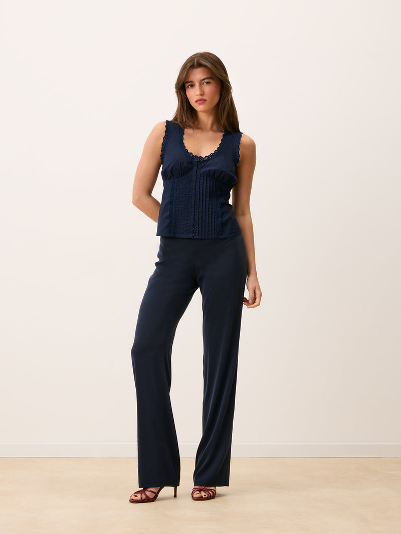 SHONA indigo blue corset top worn on a model by Rouje