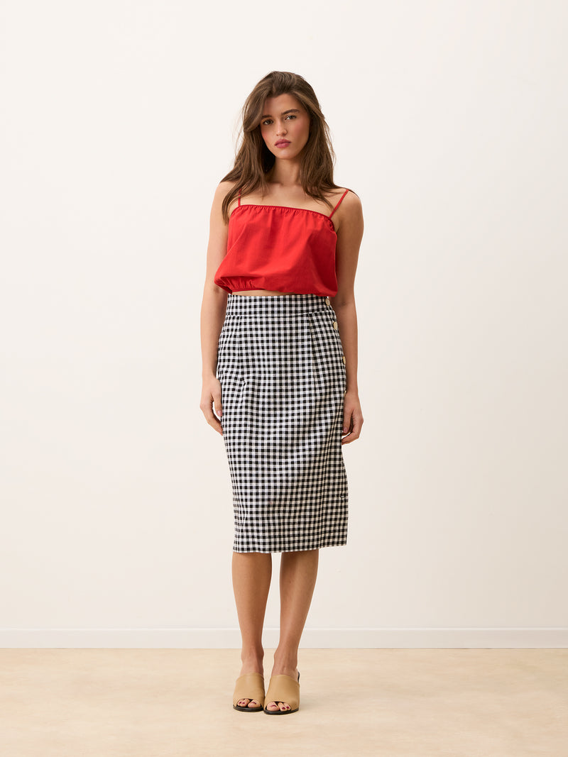 SHERYL black gingham midi skirt, back view with tie detail by Rouje
