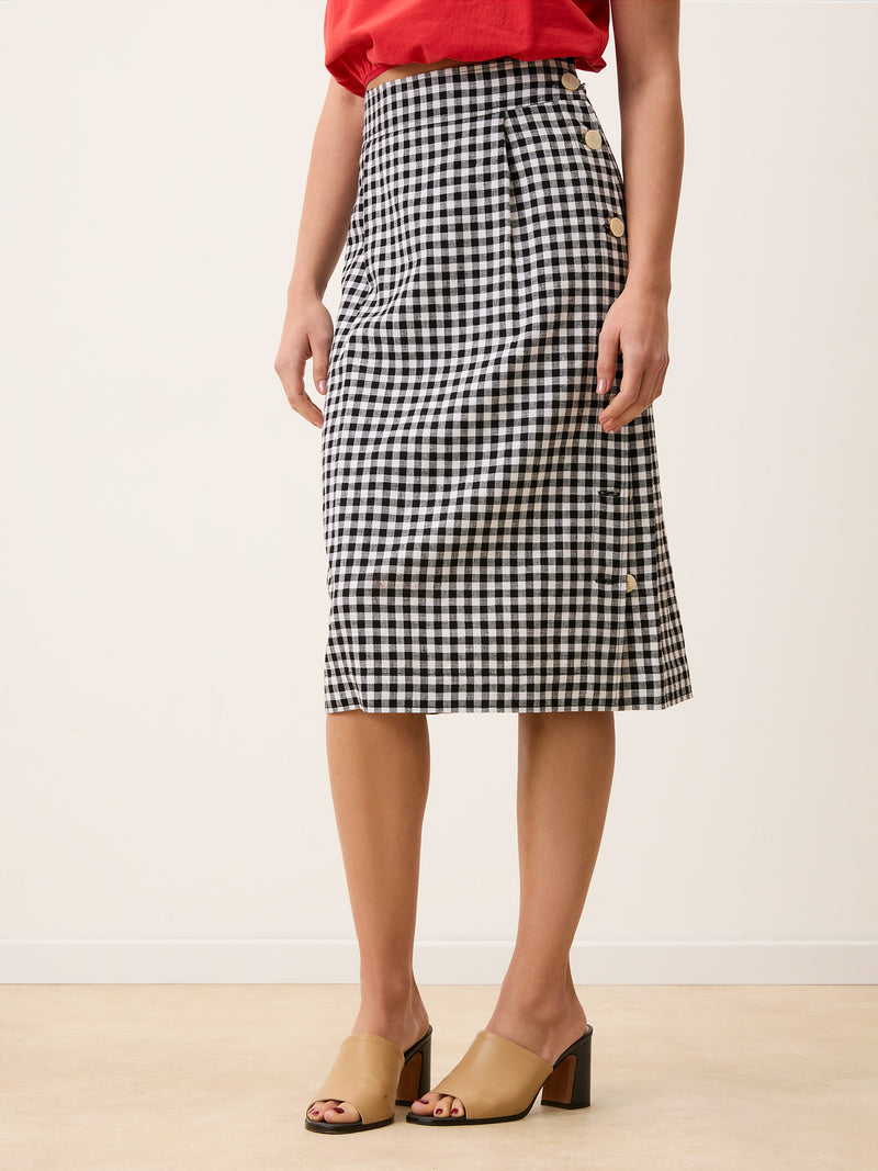 SHERYL black gingham straight midi skirt, side view by Rouje