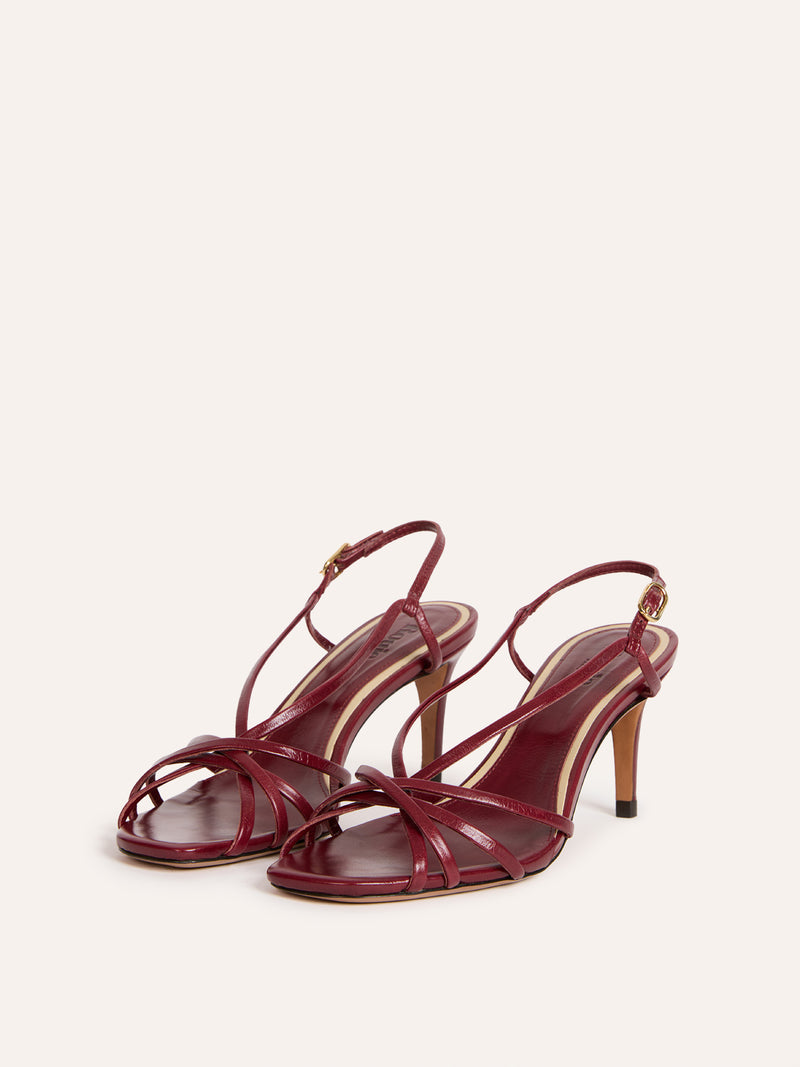 ARLESIENNE burgundy leather high-heel sandals, side view by Rouje