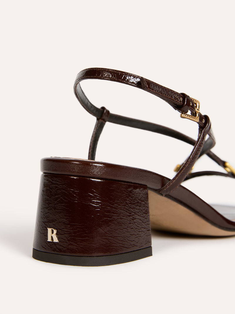 EMI brown patent leather heeled sandals, back view by Rouje