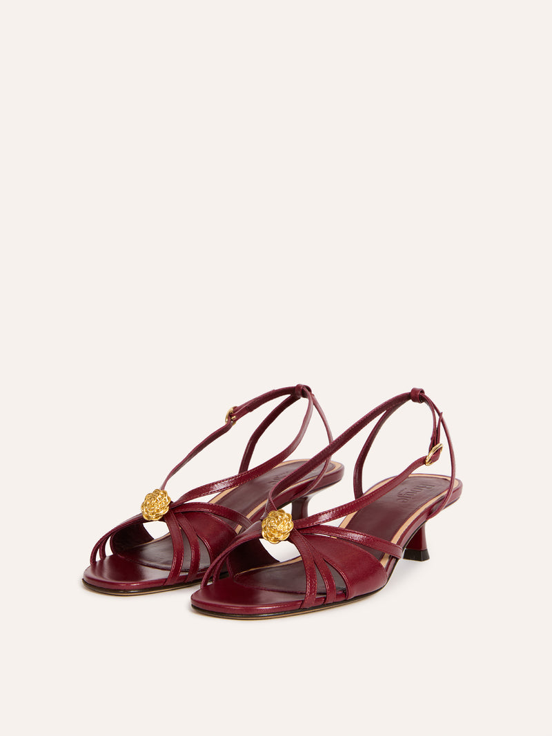 KATH aged burgundy leather sandals, side view by Rouje