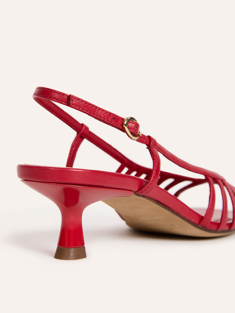 LOREN red leather multi-strap kitten heel sandals, back view by Rouje