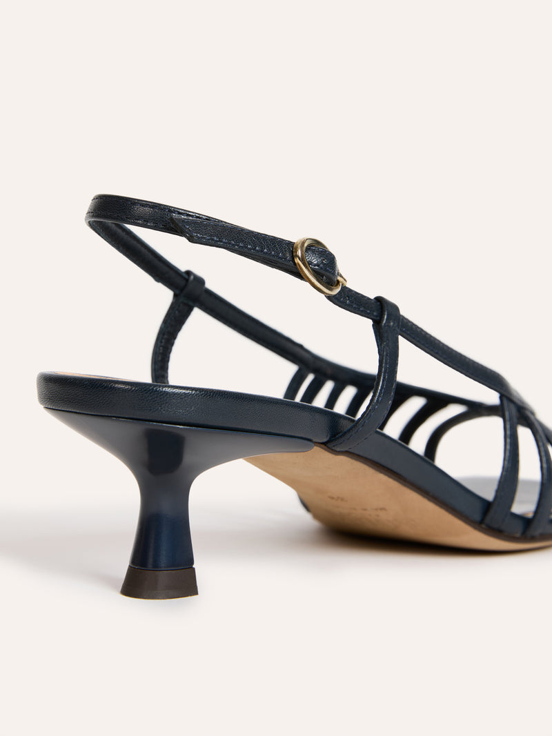 LOREN denim leather multi-strap kitten heel sandals, side view by Rouje