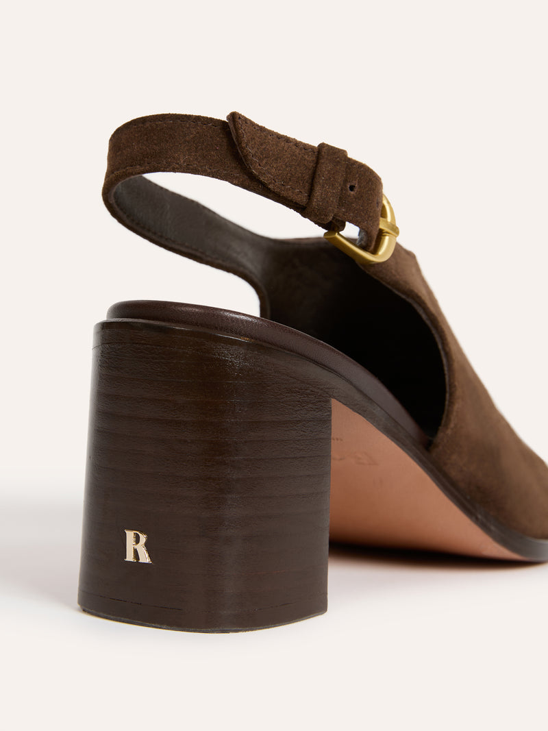 SEVILLANE ebony suede open-toe high-heel sandals, back view by Rouje