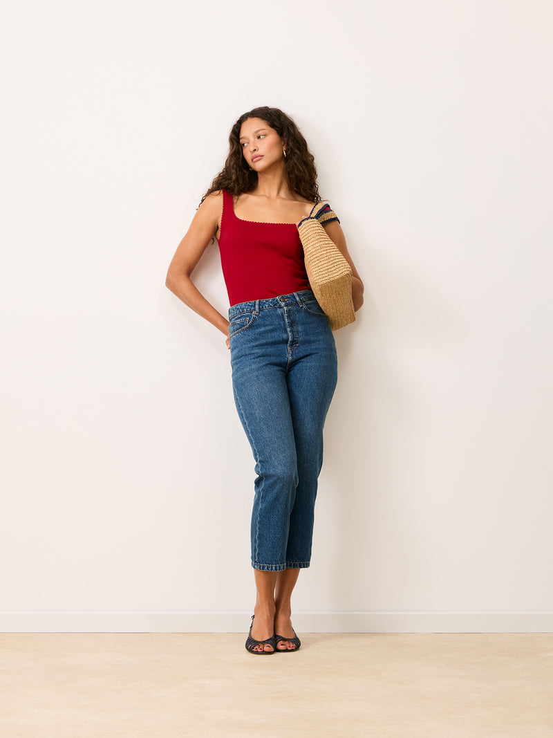 SIAMI red cotton jersey crochet-trim tank top, back view by Rouje