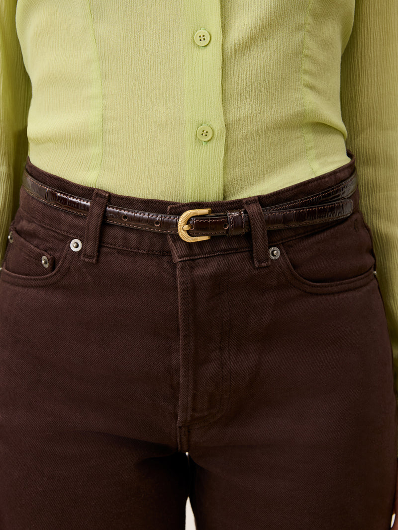 SIGNATURE chocolate thin leather belt, flat packshot by Rouje