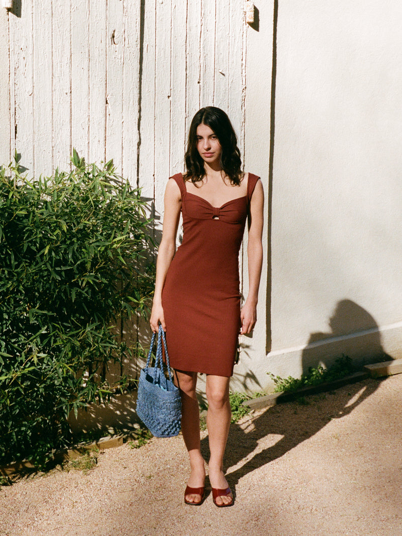 GINA mahogany brown sleeveless ribbed dress by Rouje, lifestyle setting