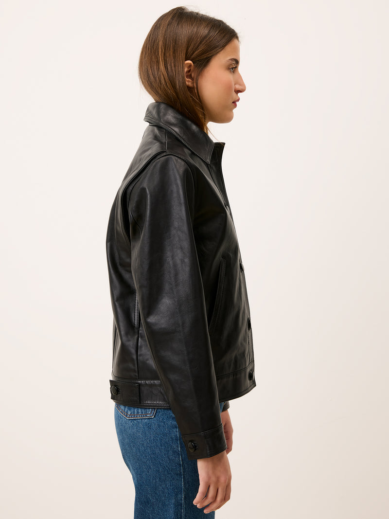 STAN cachou leather straight jacket, side view by Rouje