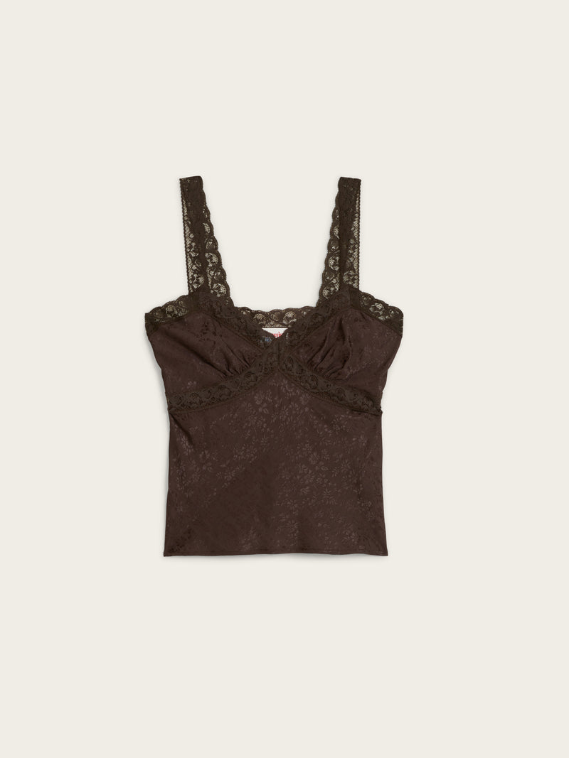 TACITA coffee jacquard floral lace strappy top, flat packshot by Rouje