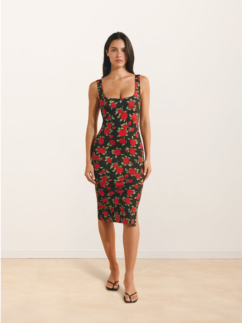 TAMAZA red roses print midi dress worn on a model by Rouje x Etam