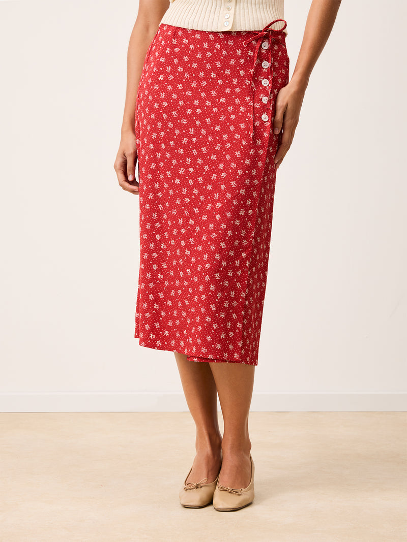 GLORIA Arlesienne red wrap midi skirt, back view by Rouje