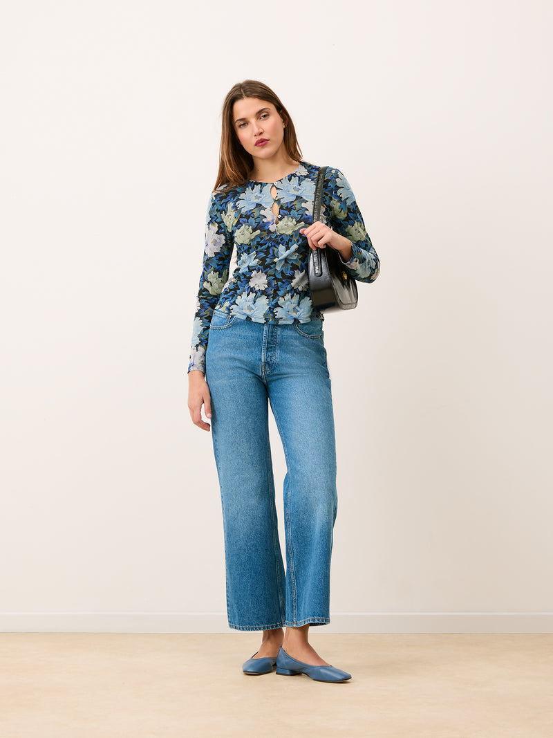 THOMAS blue floral mesh top worn on a model by Rouje
