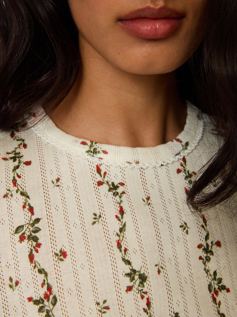 TIMOTHEE ecru Lucia print pointelle T-shirt, detail of openwork knit by Rouje