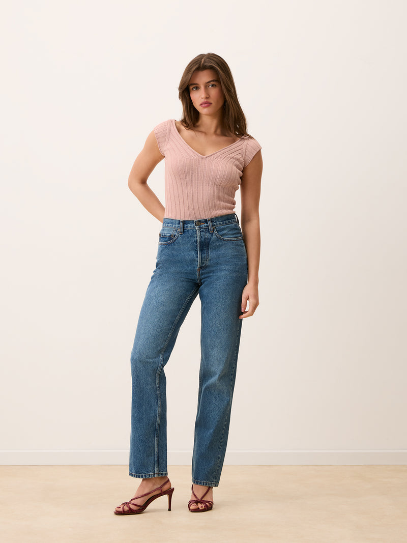 TUCO powder pink ribbed cotton top worn on a model by Rouje