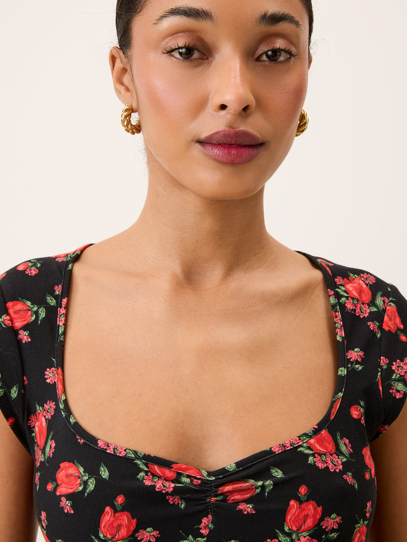 YUNA black Balade bucolique floral sweetheart neckline top, flat packshot by Rouje