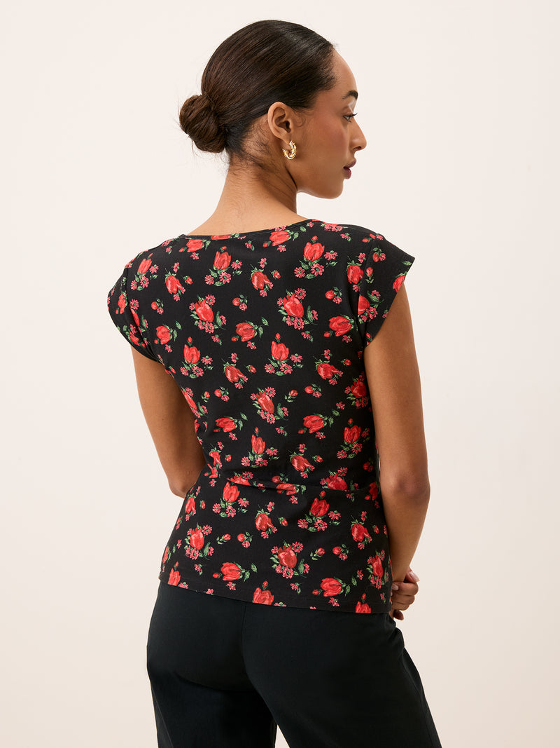 YUNA black floral print cap-sleeve top, back view by Rouje