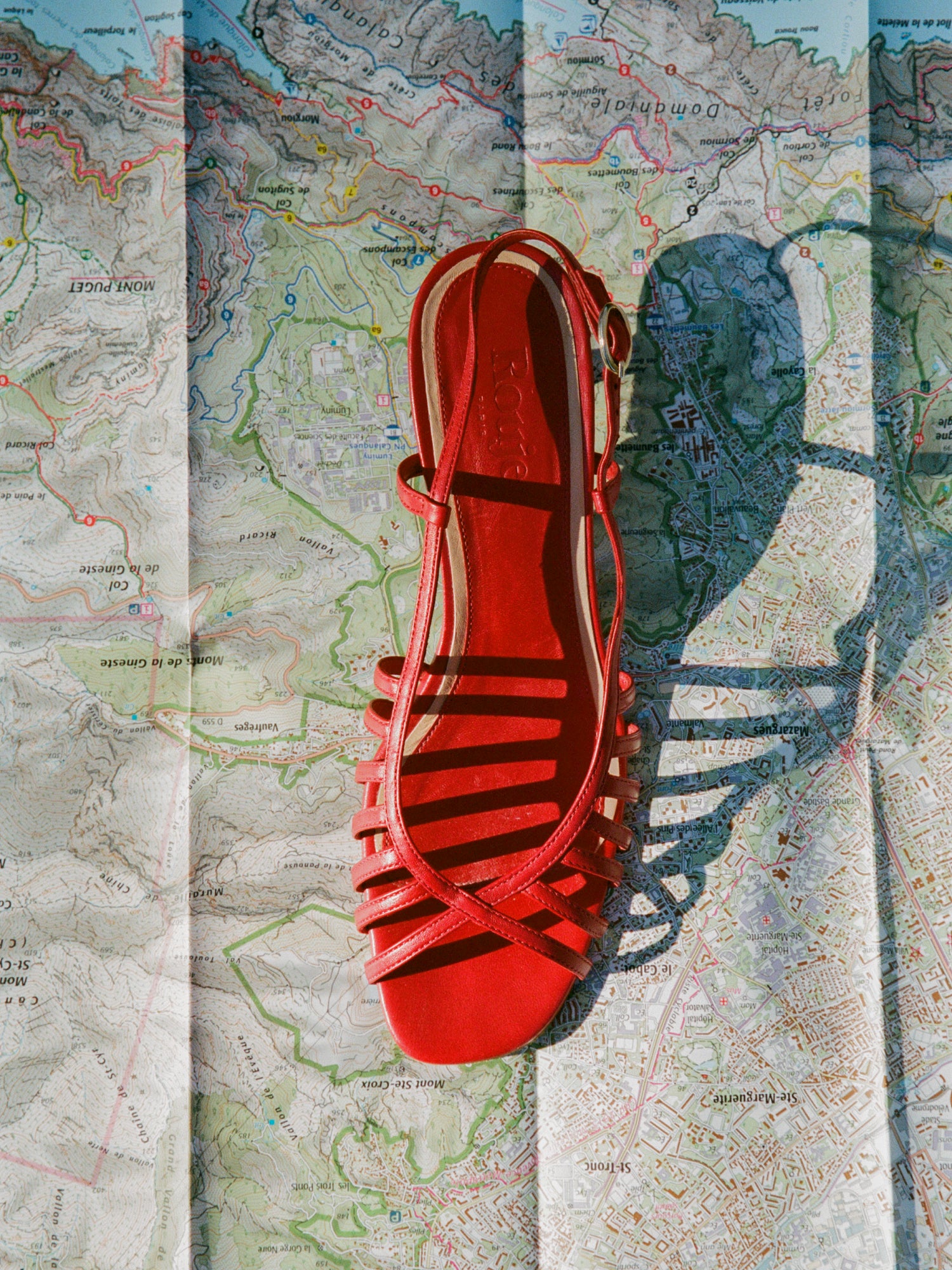 LOREN red leather multi-strap kitten heel sandals, flat packshot by Rouje
